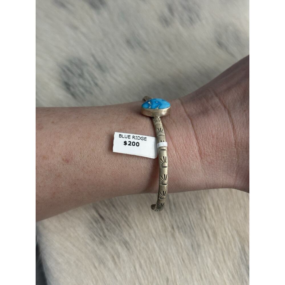 Sterling Silver Blue Ridge Turquoise Stamped Cuff Bracelet Stacker Single Stone - Picture 3 of 16